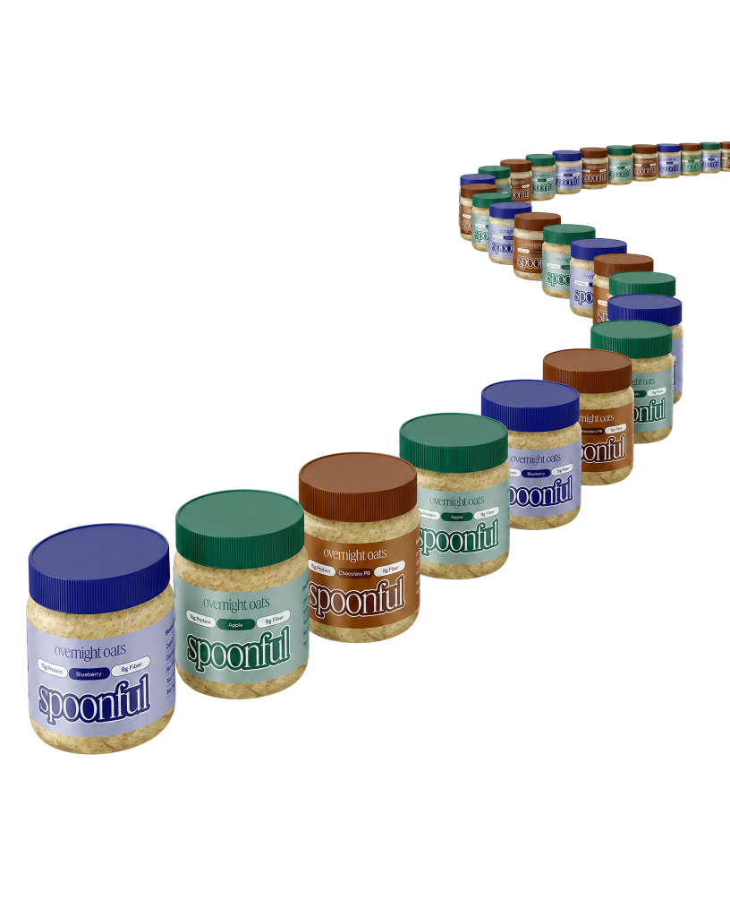 A ribbon of Blueberry, Apple and Chocolate Peanut Butter Spoonful jars